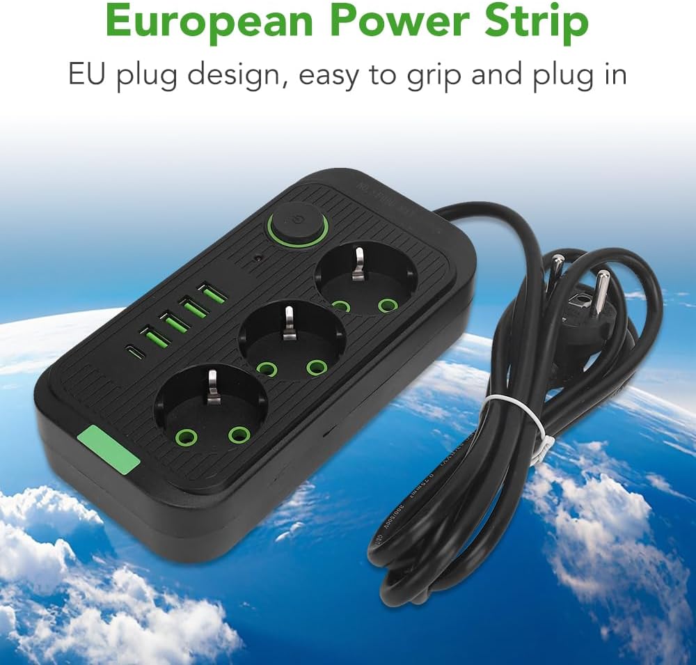Überspannungsschutz, Europäische 10-A-2500-W-Steckdosenleiste mit 3 Steckdosen, 4 USB- und 1 Typ-C-A