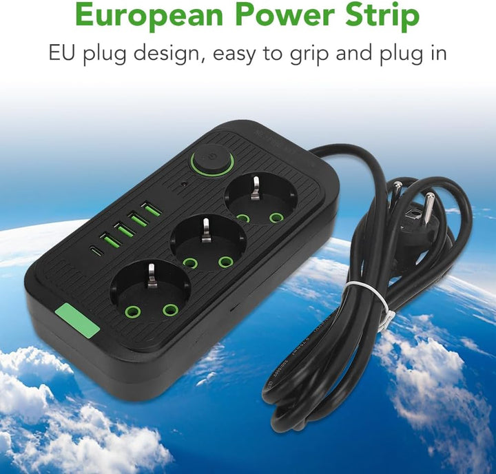 Überspannungsschutz, Europäische 10-A-2500-W-Steckdosenleiste mit 3 Steckdosen, 4 USB- und 1 Typ-C-A