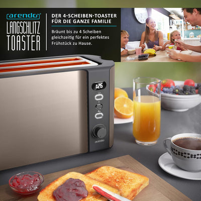 Arendo - Edelstahl Toaster Langschlitz 4 Scheiben - Defrost Funktion - wärmeisolierendes Gehäuse - m