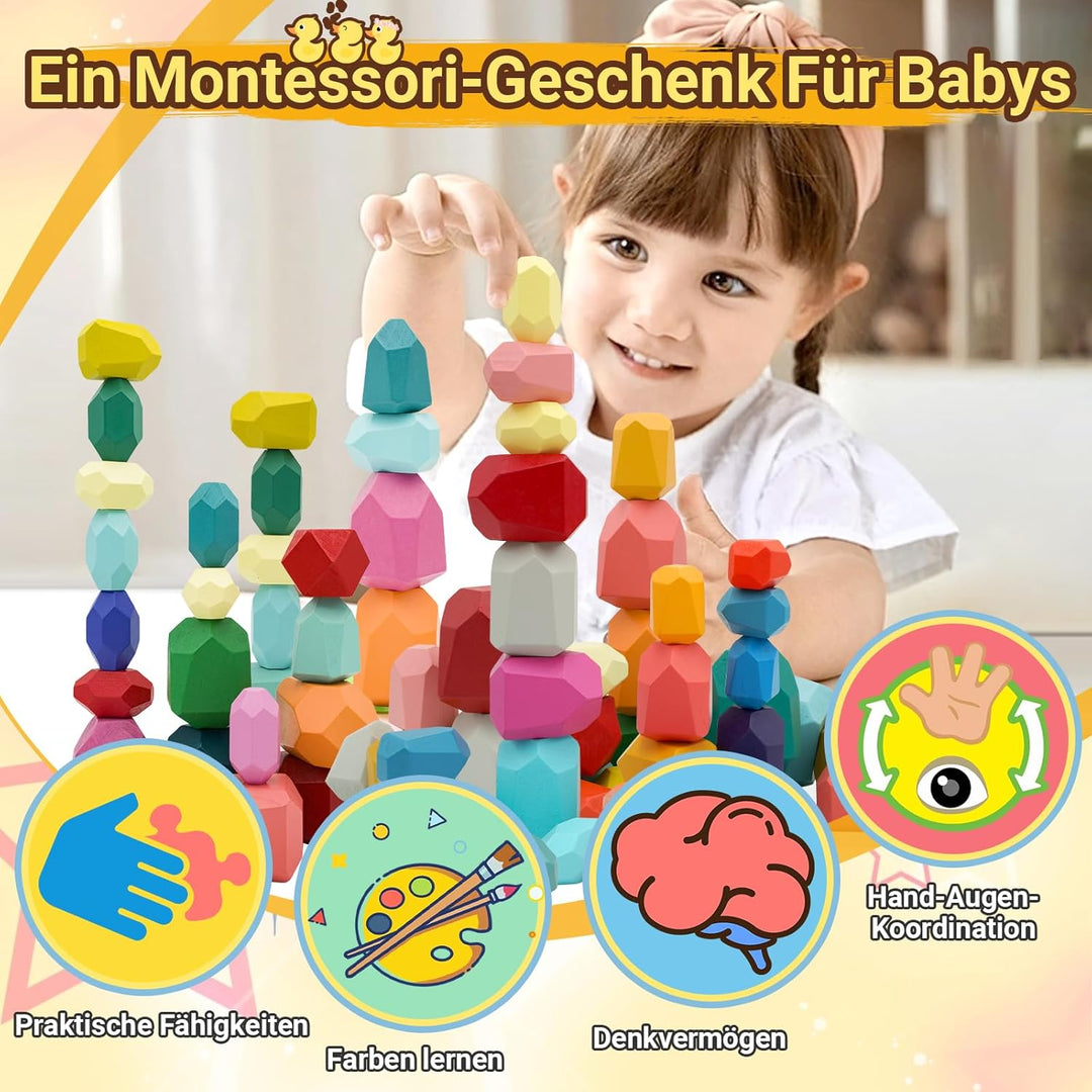 RunHero 39 Stück Stapelsteine Balanciersteine Montessori Holz Bauklötze Spielzeug für Kinder Stapelt