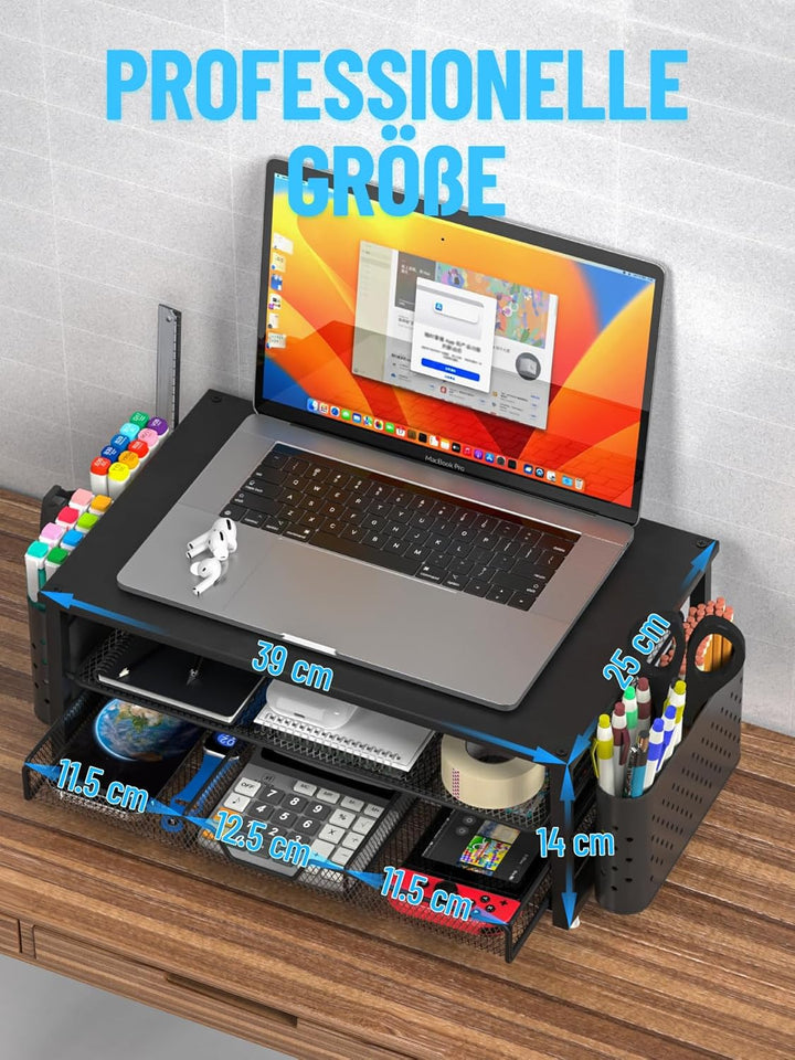 Monitor Ständer mit 2 Ebenen,Druckerständer, Monitorständer mit Gitterplattform, Schublade und Stift