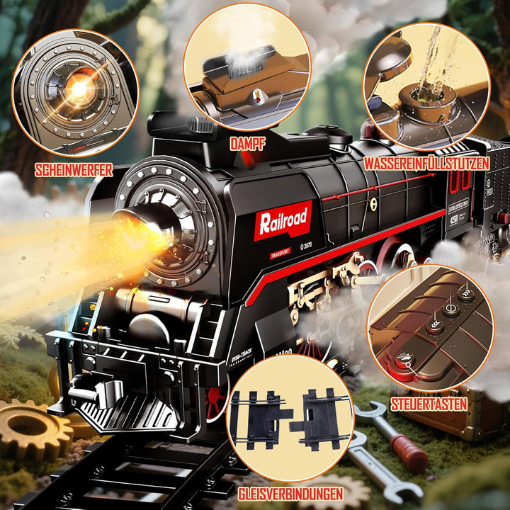 PQKL-party Elektrische Zug,Eisenbahn mit Dampf, Sounds und Lights,Luxury Track Steam Locomotive