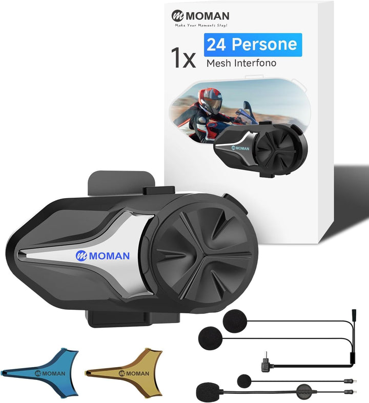 Moman CPX Mesh Motorrad Headset 2000m für 24 Motorräder (1PC) | Helm Intercom BT5.4, ENC/DSP/CVC Noi