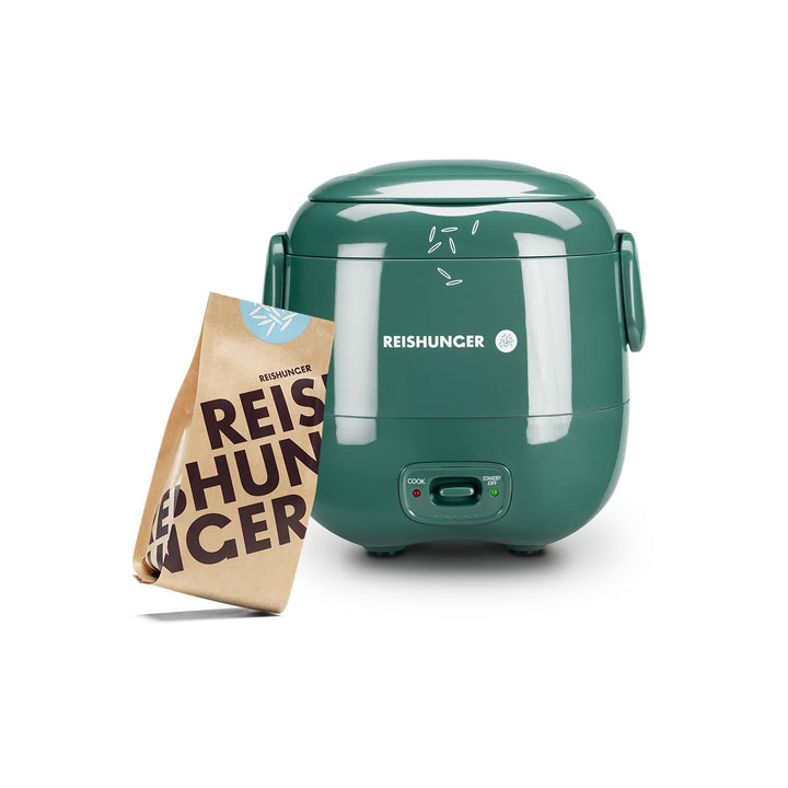 REISHUNGER Mini Reiskocher Starter Set - Waldgrün - 0,3 L - Elektrischer Reiskocher für 1-2 Portione