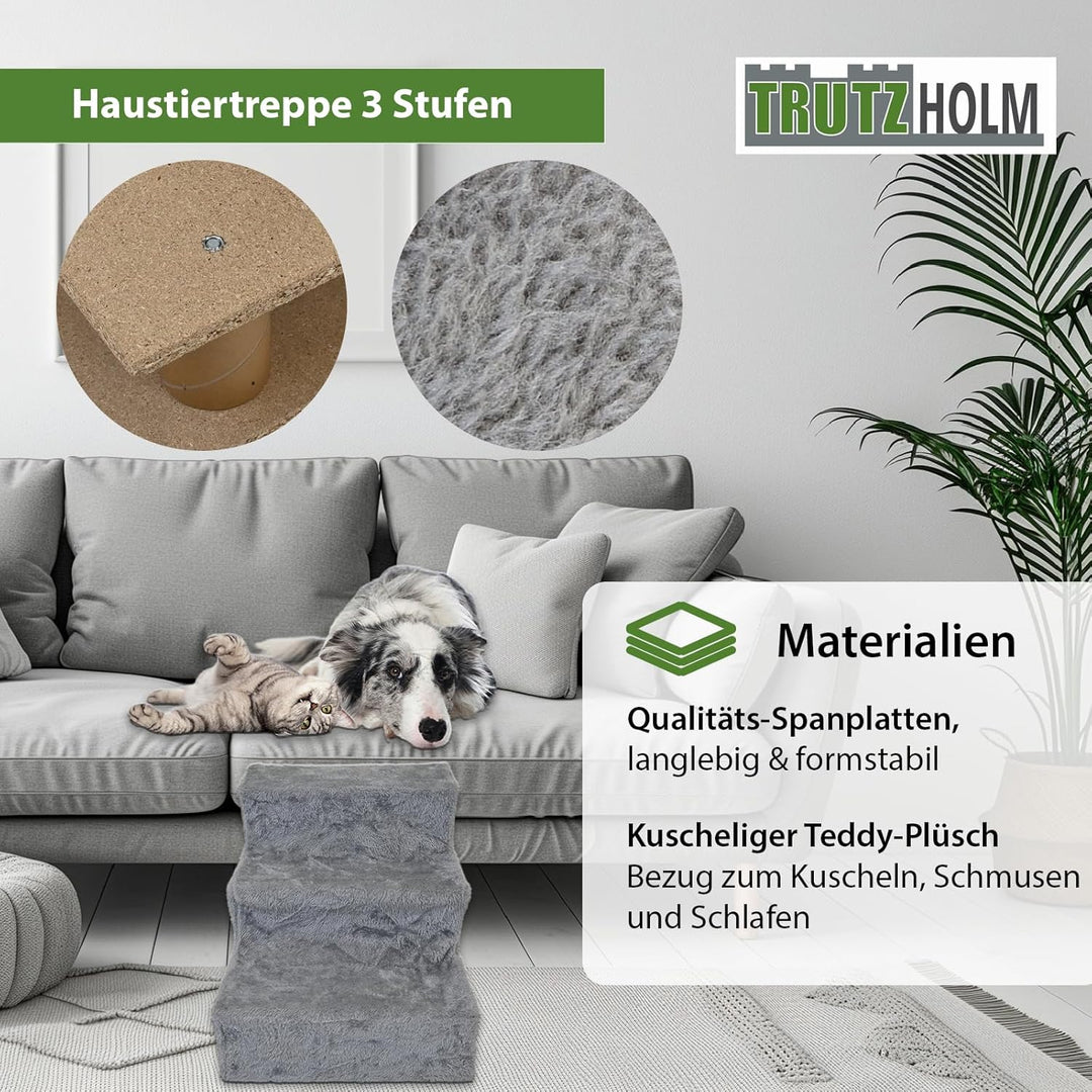 TRUTZHOLM Hundetreppe 3 Stufen Hunderampe für Bett und Sofa, Abnehmbarer, waschbarer Plüschbezug in