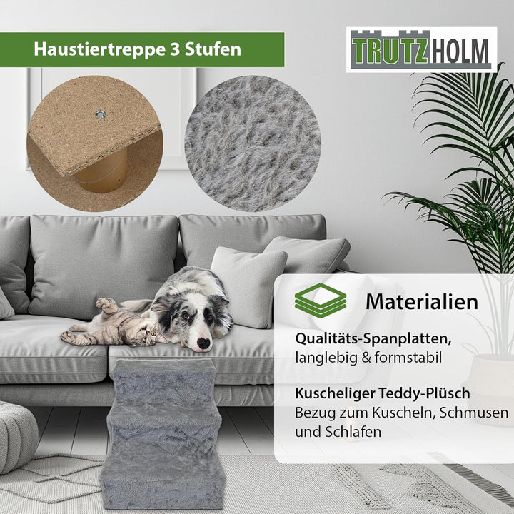 TRUTZHOLM Hundetreppe 3 Stufen Hunderampe für Bett und Sofa, Abnehmbarer, waschbarer Plüschbezug in