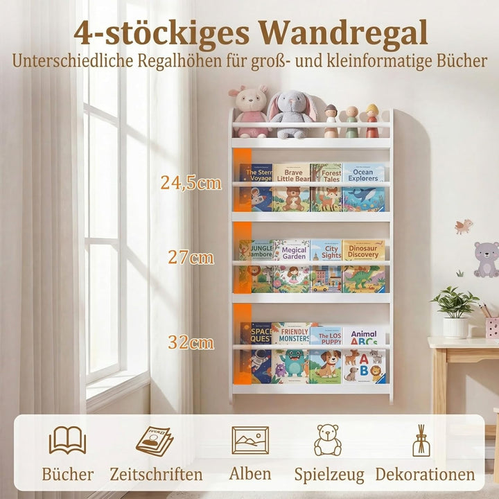 COSTWAY Bücherregal für Kinder, Kinderregal mit 4 Ablagen, Wandregal aus Holz für Spielzeug & Bücher