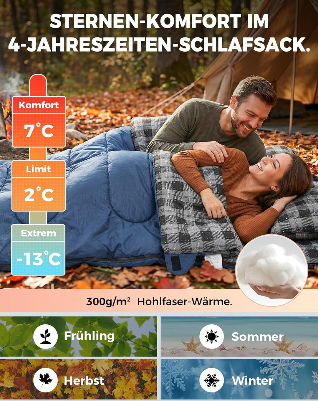 KingCamp Doppelschlafsack Baumwolle Flanell Winter Schlafsack 2 Personen Warmer Deckenschlafsack 3-4
