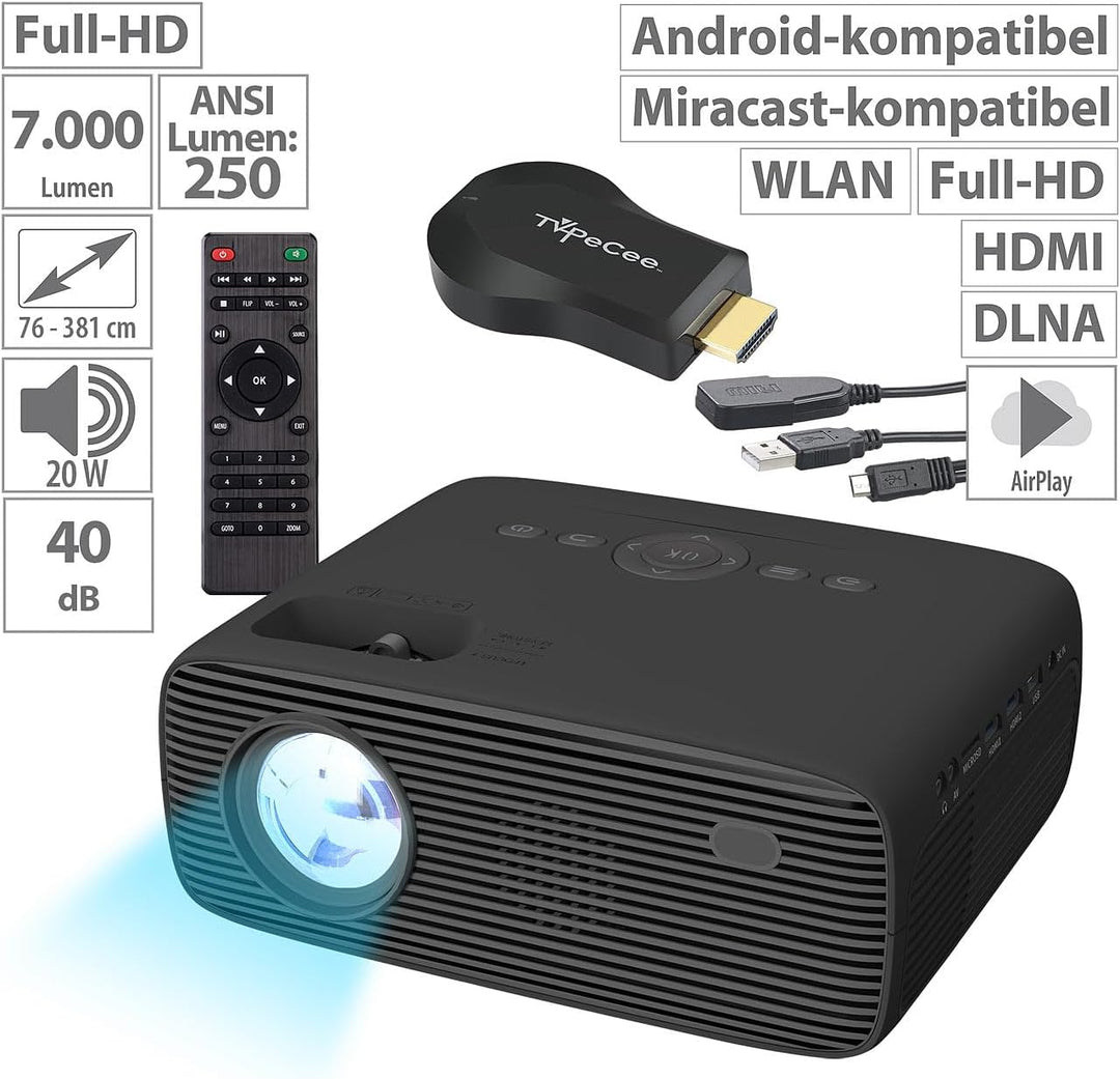 WiFi Beamer: LED-Full-HD-Beamer, Native 1080p, 250 ANSI-Lumen, mit WLAN-HDMI-Stick (LED Full HD WiFi