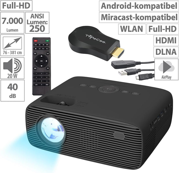 WiFi Beamer: LED-Full-HD-Beamer, Native 1080p, 250 ANSI-Lumen, mit WLAN-HDMI-Stick (LED Full HD WiFi