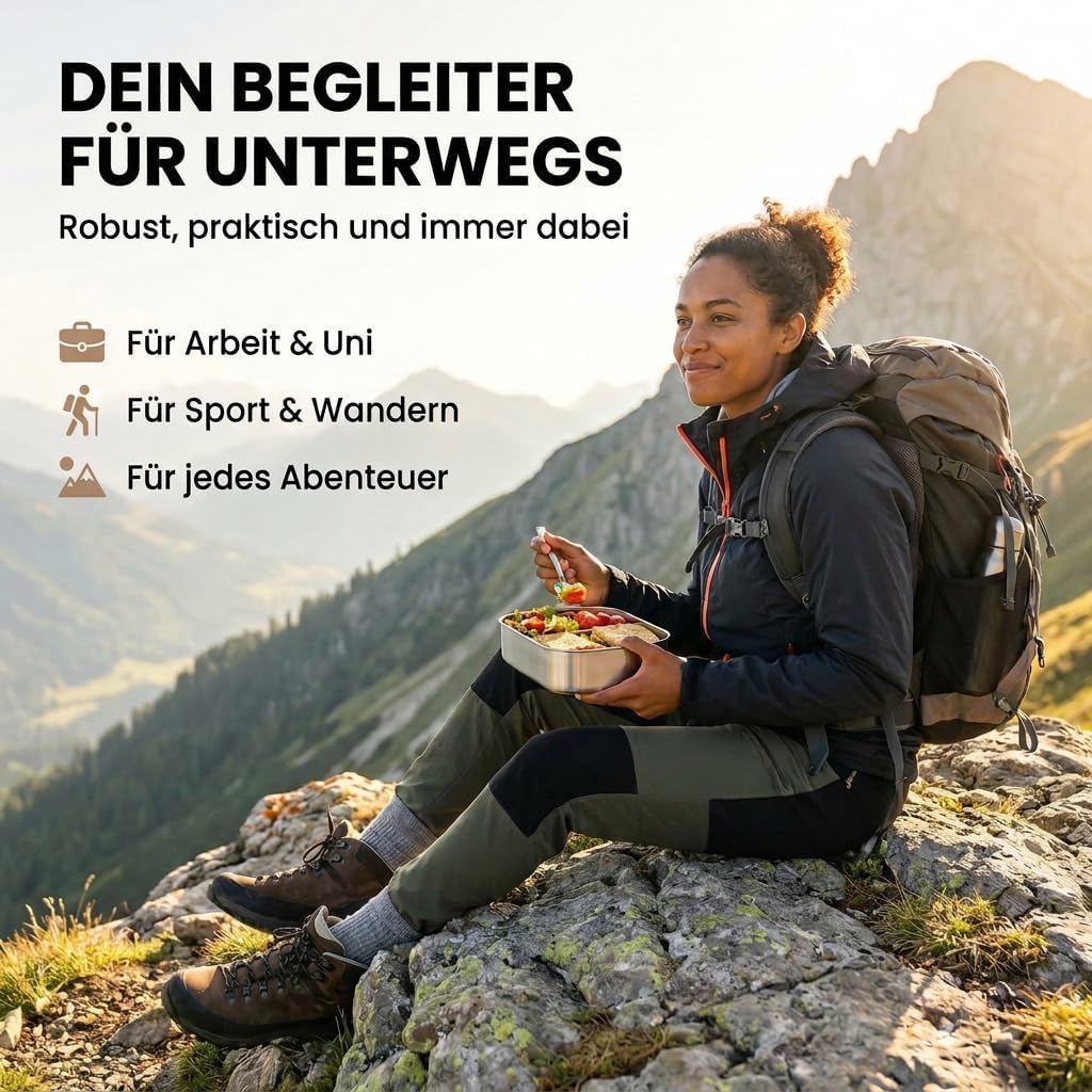 Edelstahl Brotdose, Feste Trennwand und 3 Fächer, Plastikfrei, Rostfrei, Spülmaschinengeeignet, Gros