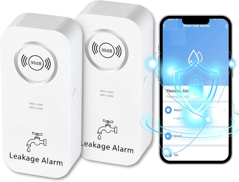 WiFi Wassermelder Wasseralarm(2,4 G WiFi), 90 dB Wassersensor Alarm und App Alarm, kabelloser Wasser