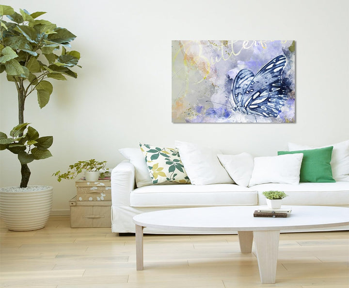 Paul Sinus Art Bild Leinwand 120x80cm Eleganter Schmetterling in Blautönen mit Kalligraphie, 120x80c