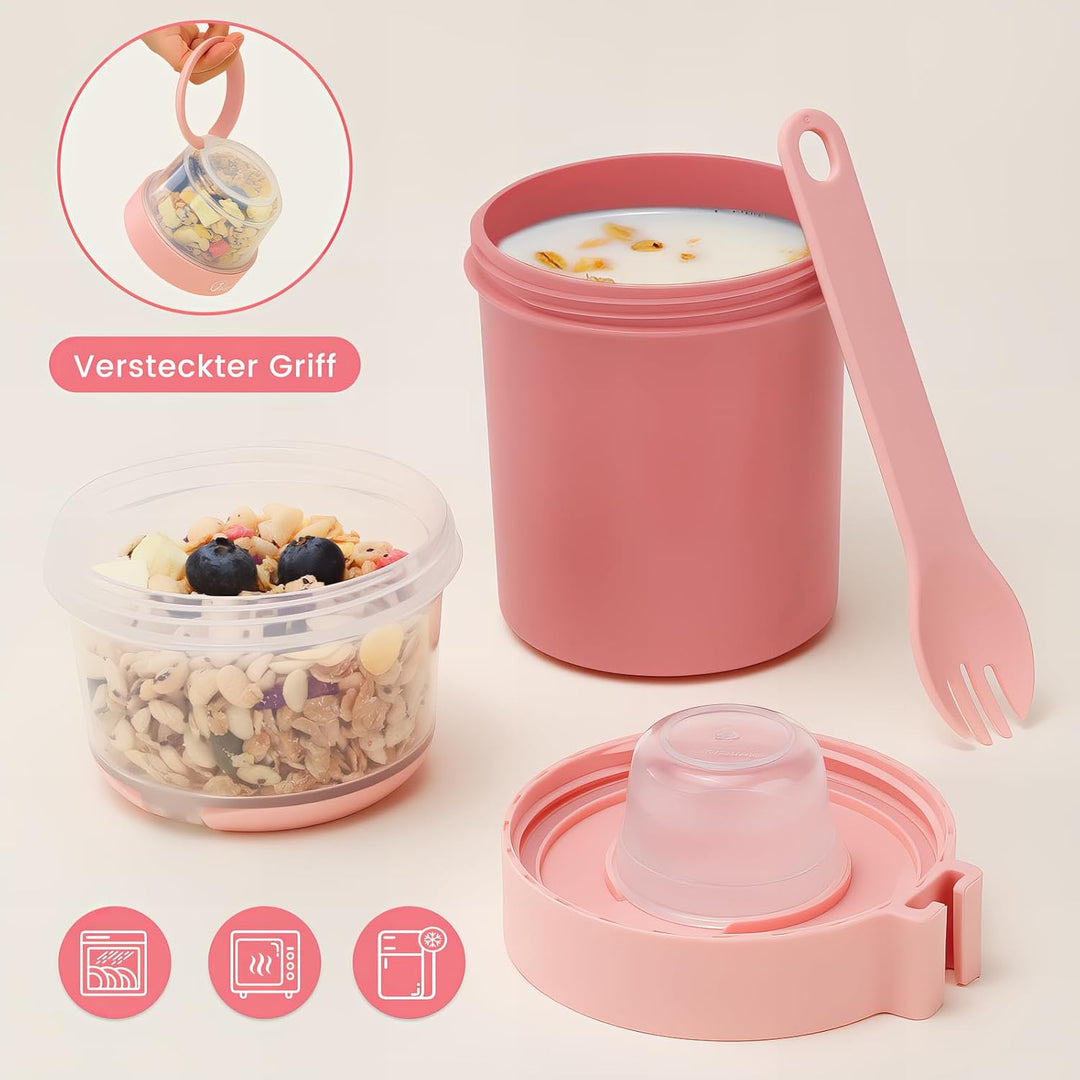 Bugucat 2in1 Müslibecher to Go 560ml+310ml, Praktischer Joghurtbecher & Müslibecher für Picknick 2er