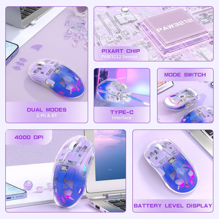 ZIYOU LANG x FREEWOLF Kabellose Gaming Maus, PixArt PAW3212 Dual Mode 2.4G/Bluetooth Transparente RG