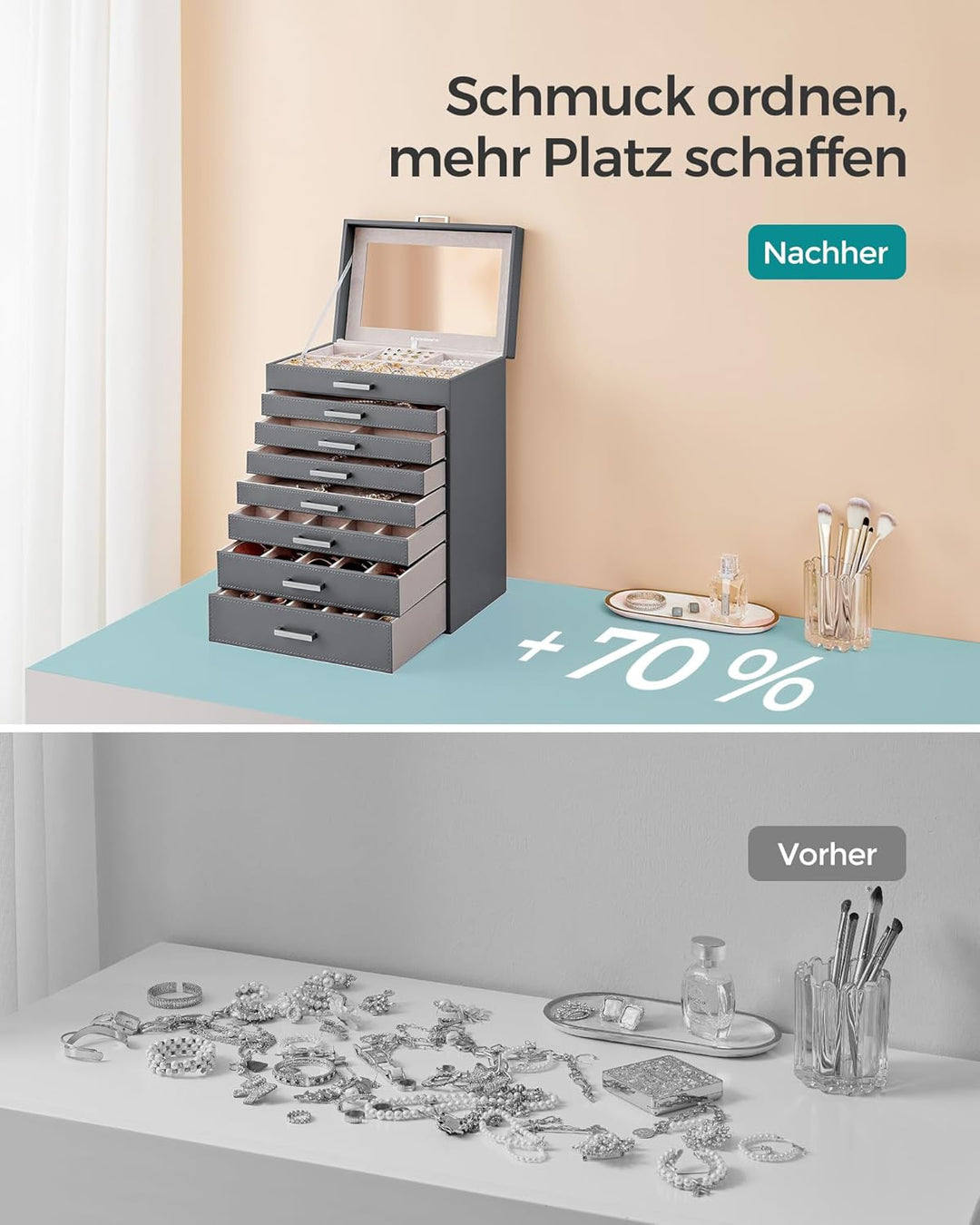 SONGMICS Schmuckkästchen 8 Ebenen, Schmuckkasten mit grossem Spiegel, Schmuckschatulle, 7 Schubladen
