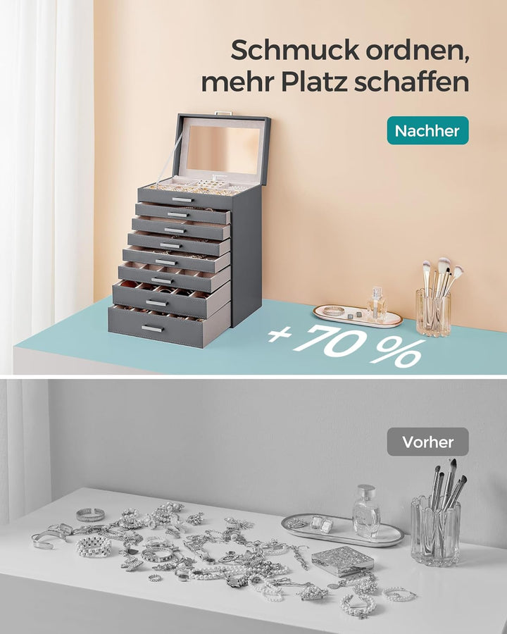 SONGMICS Schmuckkästchen 8 Ebenen, Schmuckkasten mit grossem Spiegel, Schmuckschatulle, 7 Schubladen