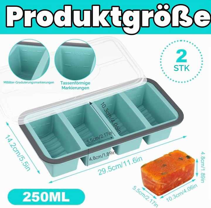 2Stück Suppen Einfrieren Behälter, Silikon Gefrierform Suppe mit Deckel 4 Gitter, 250ml Silikon Gefr