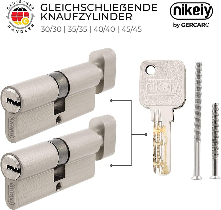 GERCAR Pro 2er Set Knaufzylinder gleichschliessend 70mm Schliesszylinder mit Knauf 35/35 Zylinder -