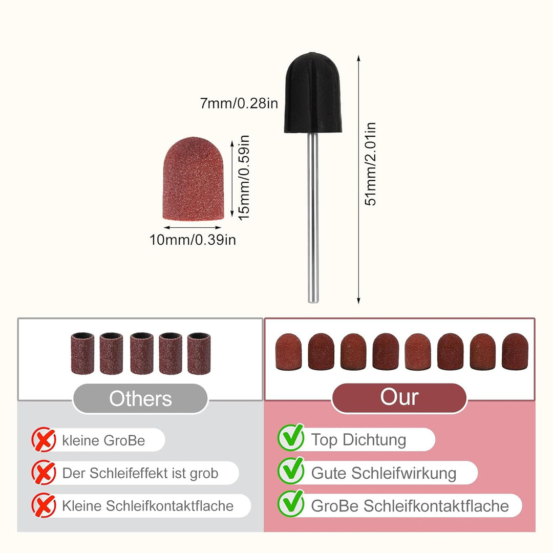 120# Körnung Schleifkappen Set für Nagelbohrer, 50 Stück Maniküre Schleifbänder mit Schaft, Langlebi