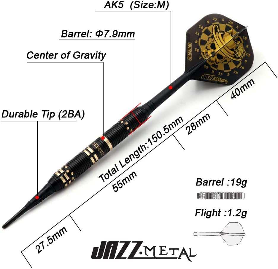 CUESOUL Jazz-METAL 19g Soft Tip Dart Set aus schwarz beschichtetem Messing mit integrierten AK5 Flig