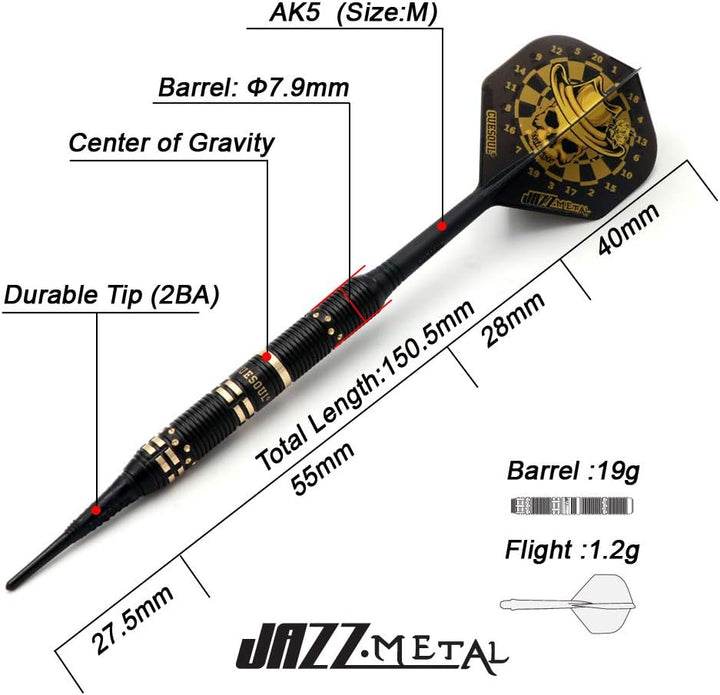 CUESOUL Jazz-METAL 19g Soft Tip Dart Set aus schwarz beschichtetem Messing mit integrierten AK5 Flig