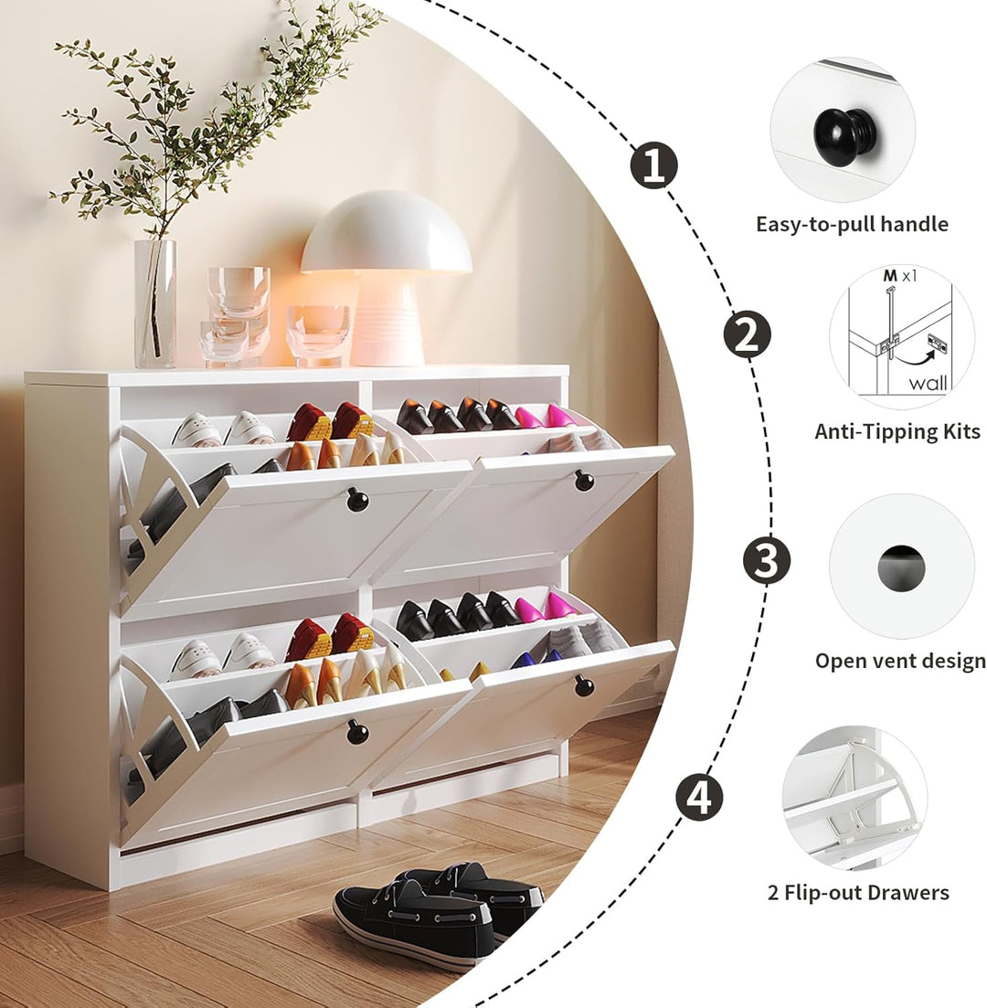 VOWNER Schuhschrank Schuhkipper Schmal 105x24x80cm (Weiss) | Schuhregal mit 4 Klappen, 8 Fächern, ve