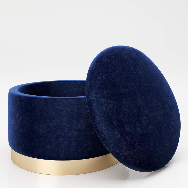 PLAYBOY runder Pouf mit Stauraum aus Samtstoff in Blau und goldenem Metallfuss, gepolsteter Sitzhock