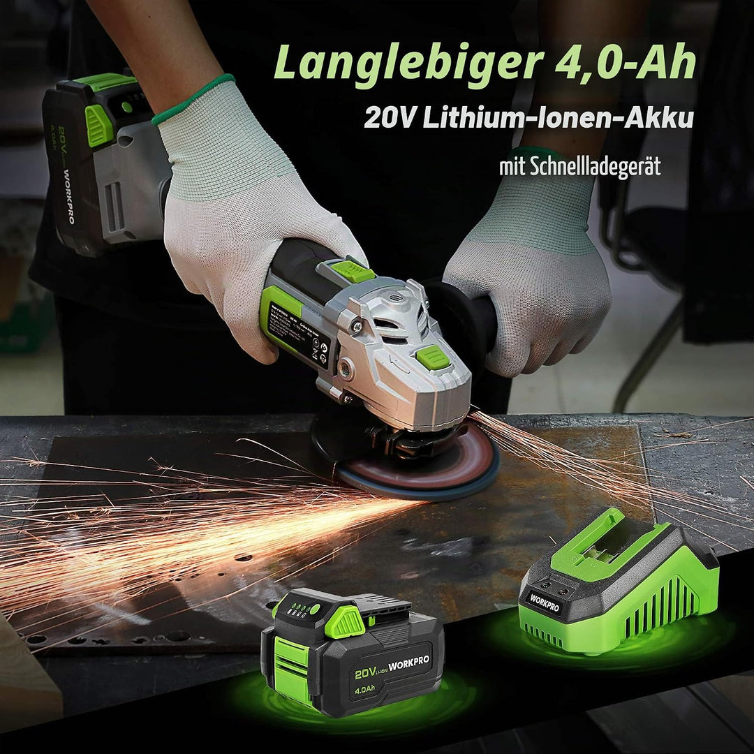 WORKPRO Winkelschleifer, kabellos, 20 V, mit Akku 4,0 Ah, Ø125 mm, elektrischer Schleifer, kabellos,