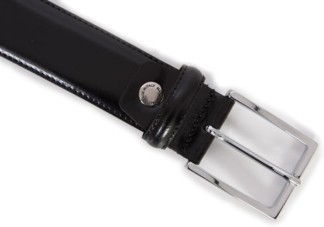 Herren-Gürtel aus echtem Leder, schwarz, glänzend, hergestellt in Italien, 35 mm, 105cm Waistline -