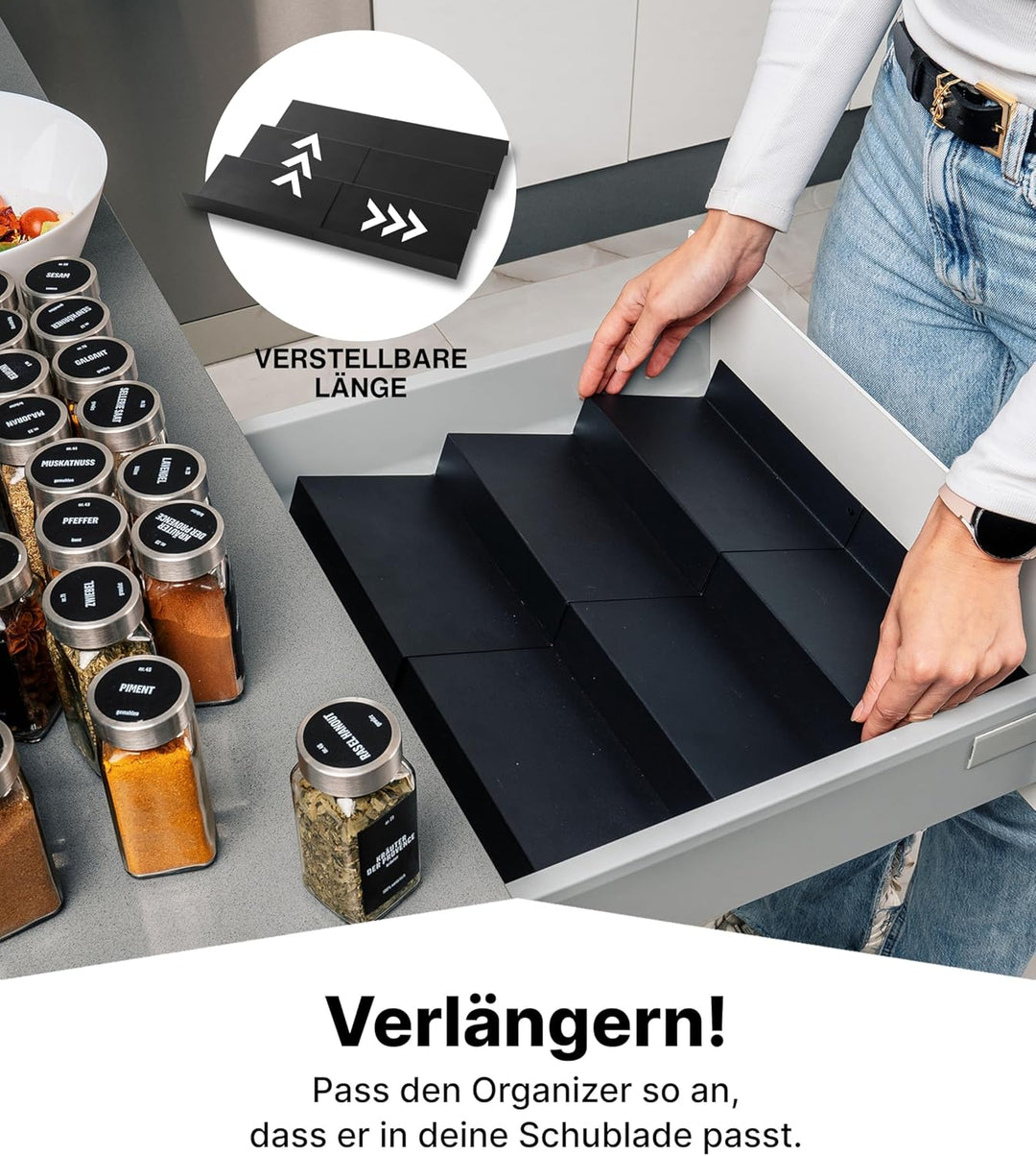 Deco haus® Gewürzregal Schublade aus Metall [MIT 24 GEWÜRZGLÄSER & ETIKETTEN] - Gewürzeinsatz Schubl