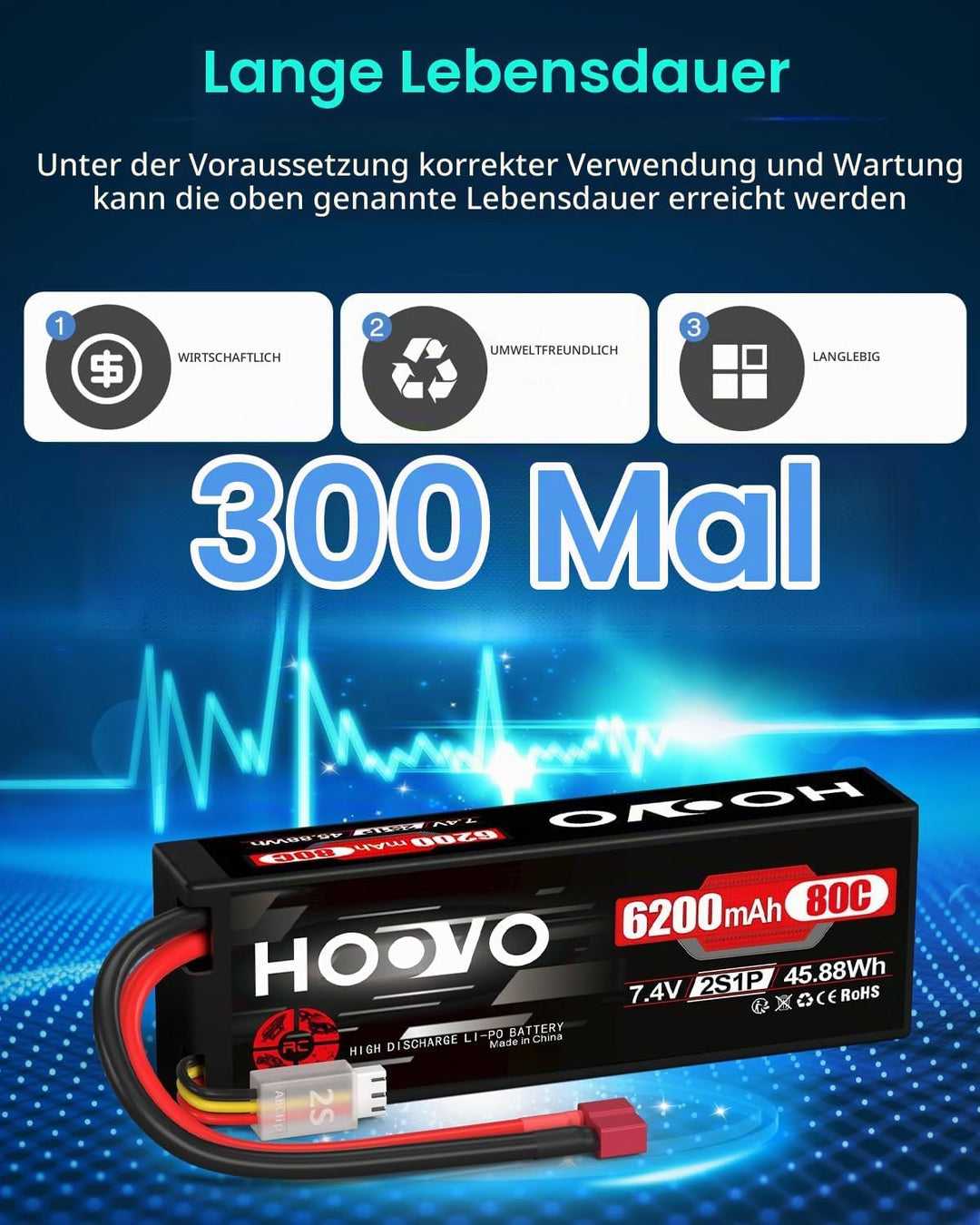 HOOVO 2S Lipo Akku 7,4V 80C 6200mAh RC Batterie mit Deans Stecker Batterie für RC Auto Flugzeug Heli