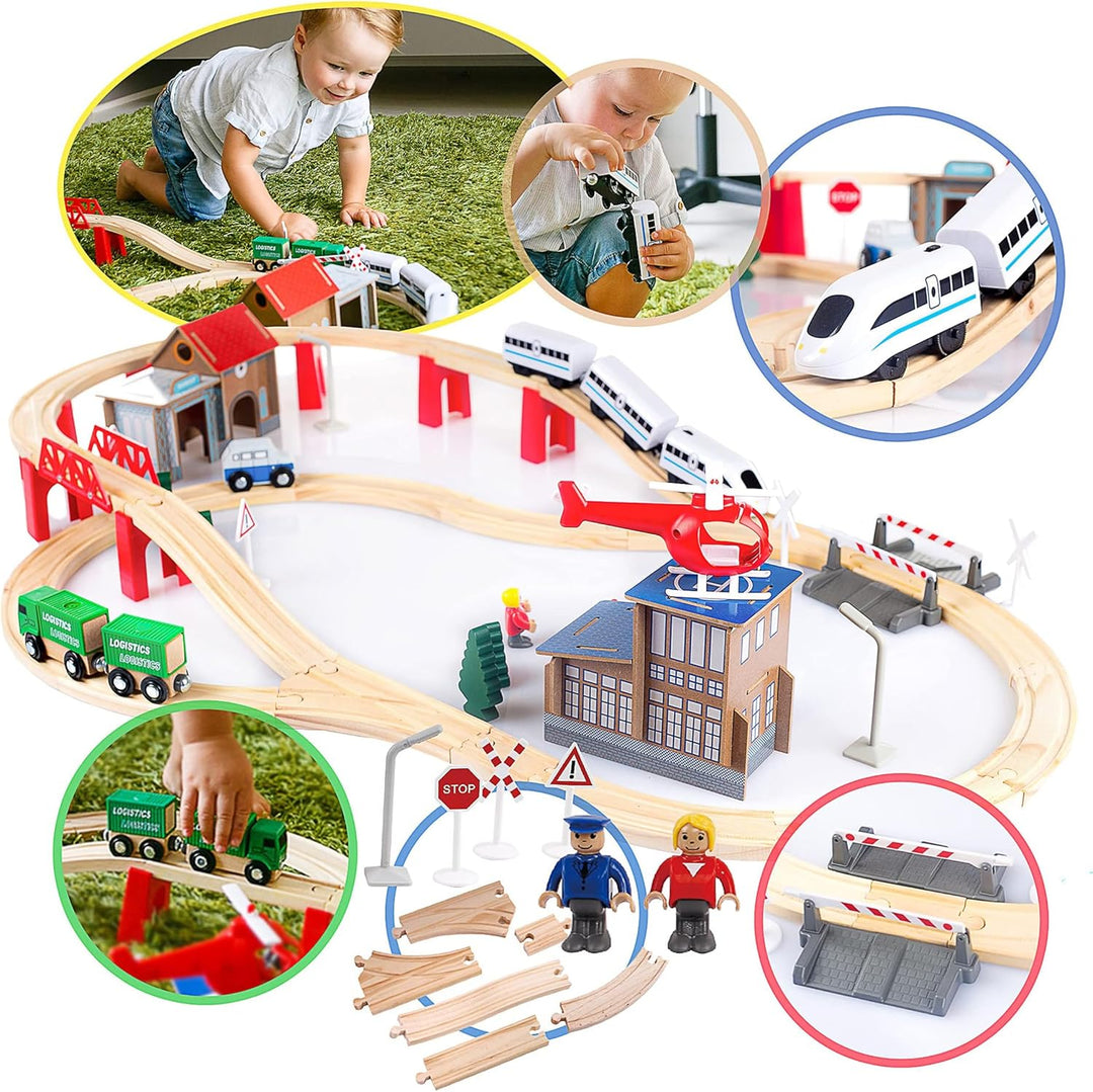 Green series Holzeisenbahn Set für Kinder - Eisenbahn Holz | Spielzeug Zug | Polizeistation, Autobah