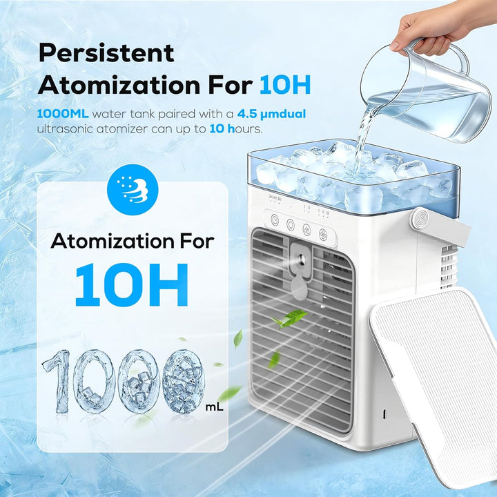 Tragbares Klimagerät, 3-in-1 Verdunstungskühler mit 3 Geschwindigkeiten & 2 Nebelmodi, 1000ml Mini K