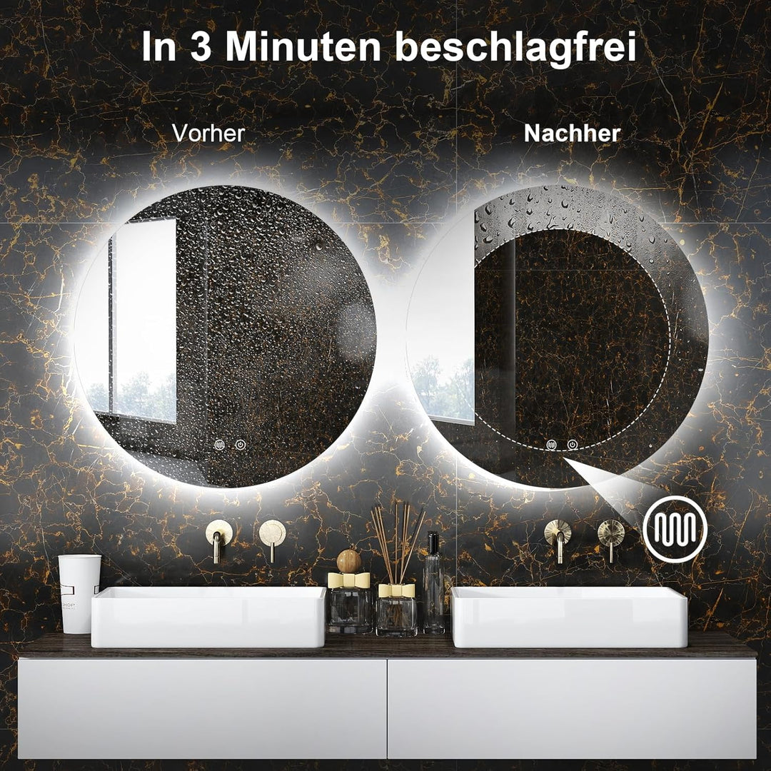 AllRight LED Spiegel Bad mit Beleuchtung 60cm Rund - Touch-Schalter, Beschlagfrei - Badezimmerspiege