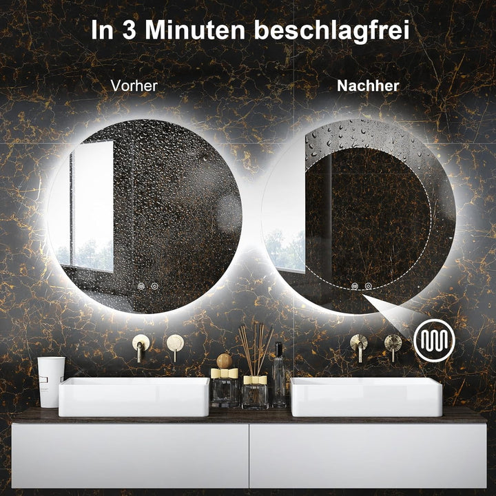 AllRight LED Spiegel Bad mit Beleuchtung 60cm Rund - Touch-Schalter, Beschlagfrei - Badezimmerspiege