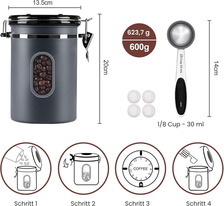 ROCKY&CHAO Kaffeedose Luftdicht aus Edelstahl 1,8L Kaffeebhnen Behälter 600g Vorratsdose für Tee Nüs