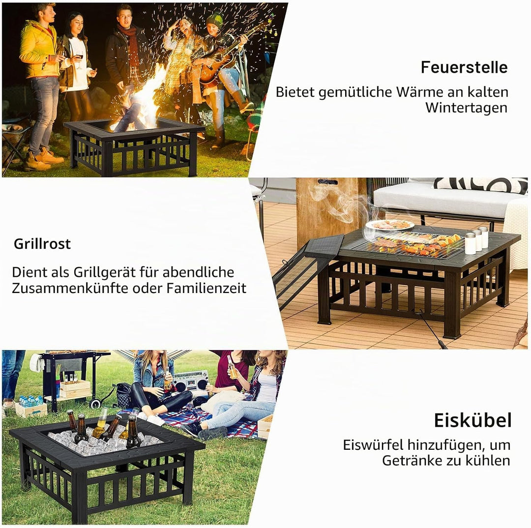 KOMFOTTEU Feuerschale Feuerkorb, Feuerstelle mit Grillrost & Decekl, Flammschale 81 x 81cm Outdoor,