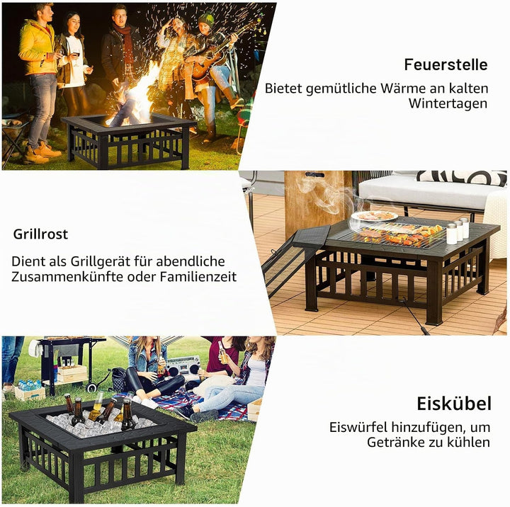 KOMFOTTEU Feuerschale Feuerkorb, Feuerstelle mit Grillrost & Decekl, Flammschale 81 x 81cm Outdoor,