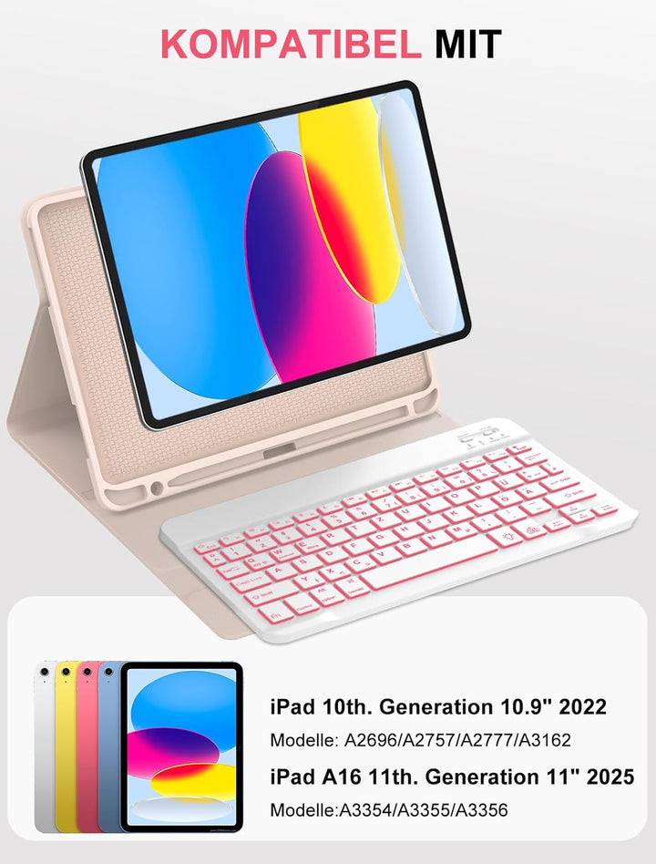 JADEMALL Für iPad 11 Gen Hülle mit 7-Farb-Backlight Deutsch Bluetooth Tastatur für iPad A16 (2025) &