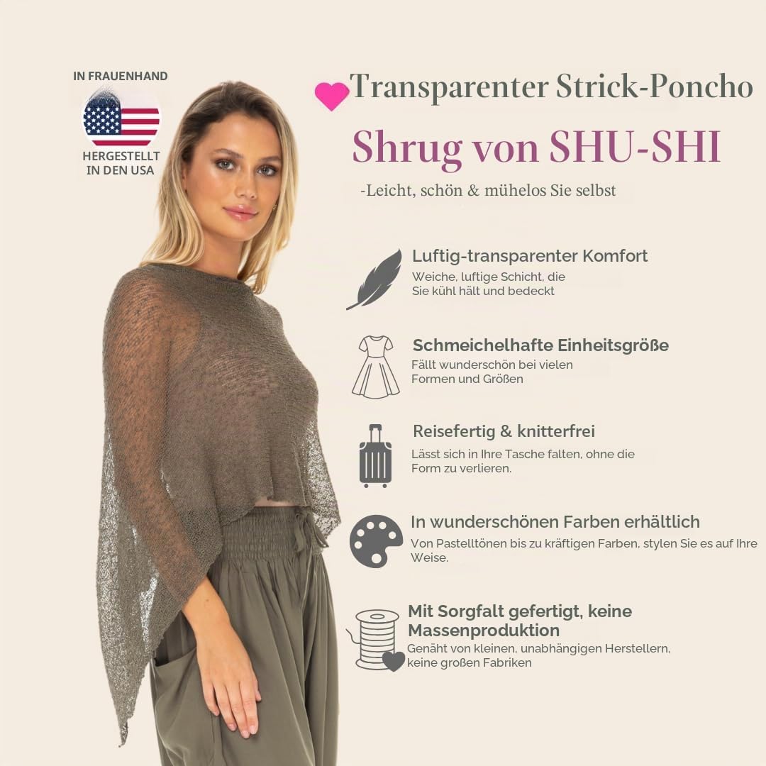 SHU-SHI - Damen Poncho-Top - transparent - leichtes Strickmaterial Olivgrün, Olivgrün