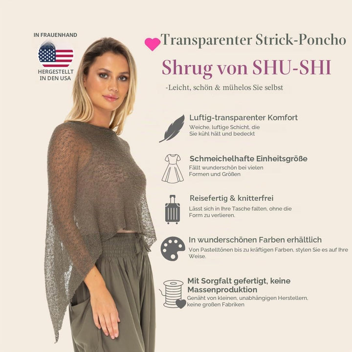 SHU-SHI - Damen Poncho-Top - transparent - leichtes Strickmaterial Olivgrün, Olivgrün