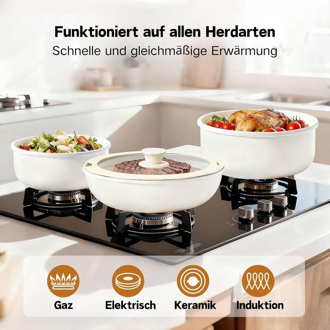 LEADZM Keramik Topfset Induktion，Pfannenset，Kochtopf Set mit Deckel，Induktions Töpfe Set，22-Teilig，A