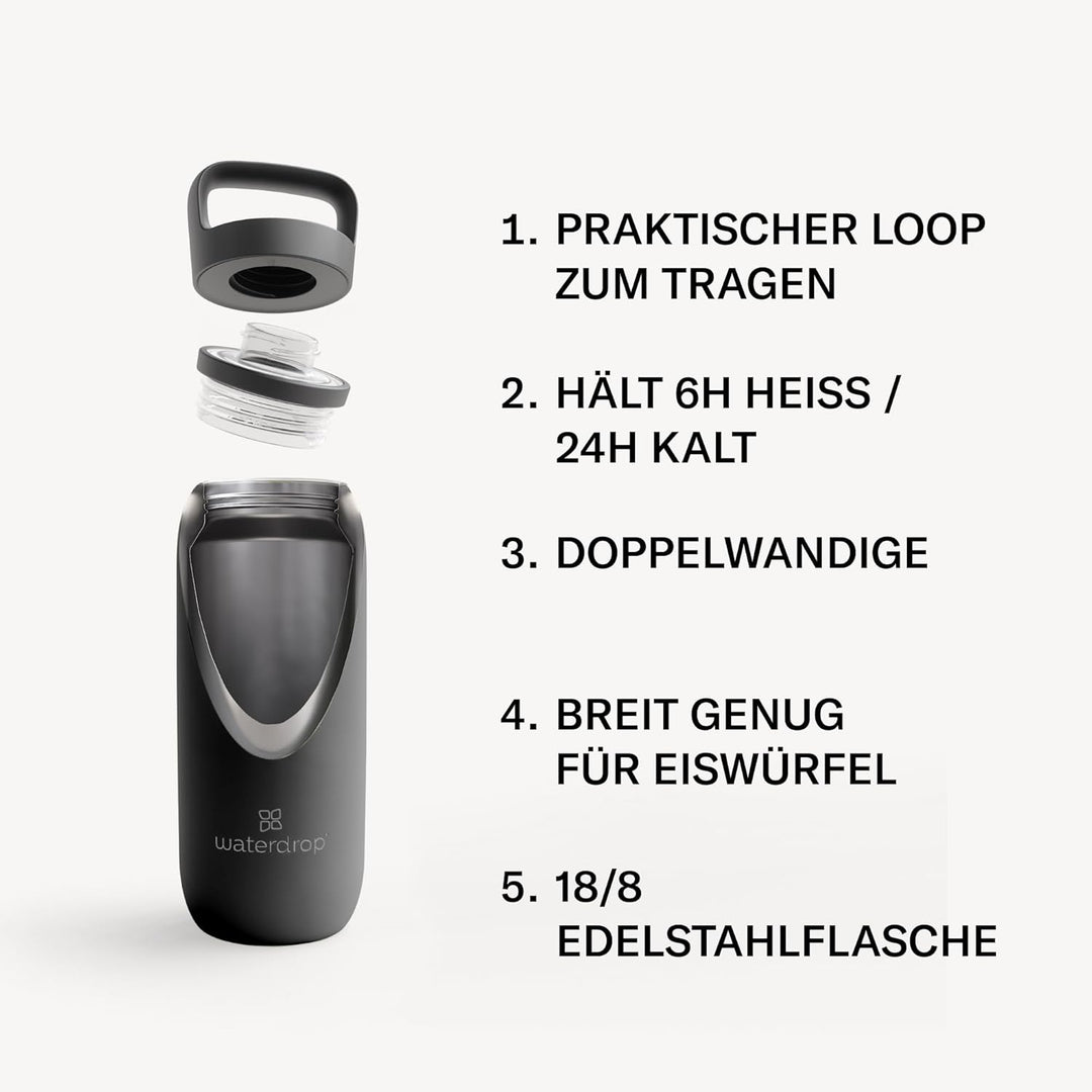 waterdrop® All Purpose Thermosflasche 600ml. isolierte Edelstahl Trinkflasche. 24h kalt - 6h/12h hei