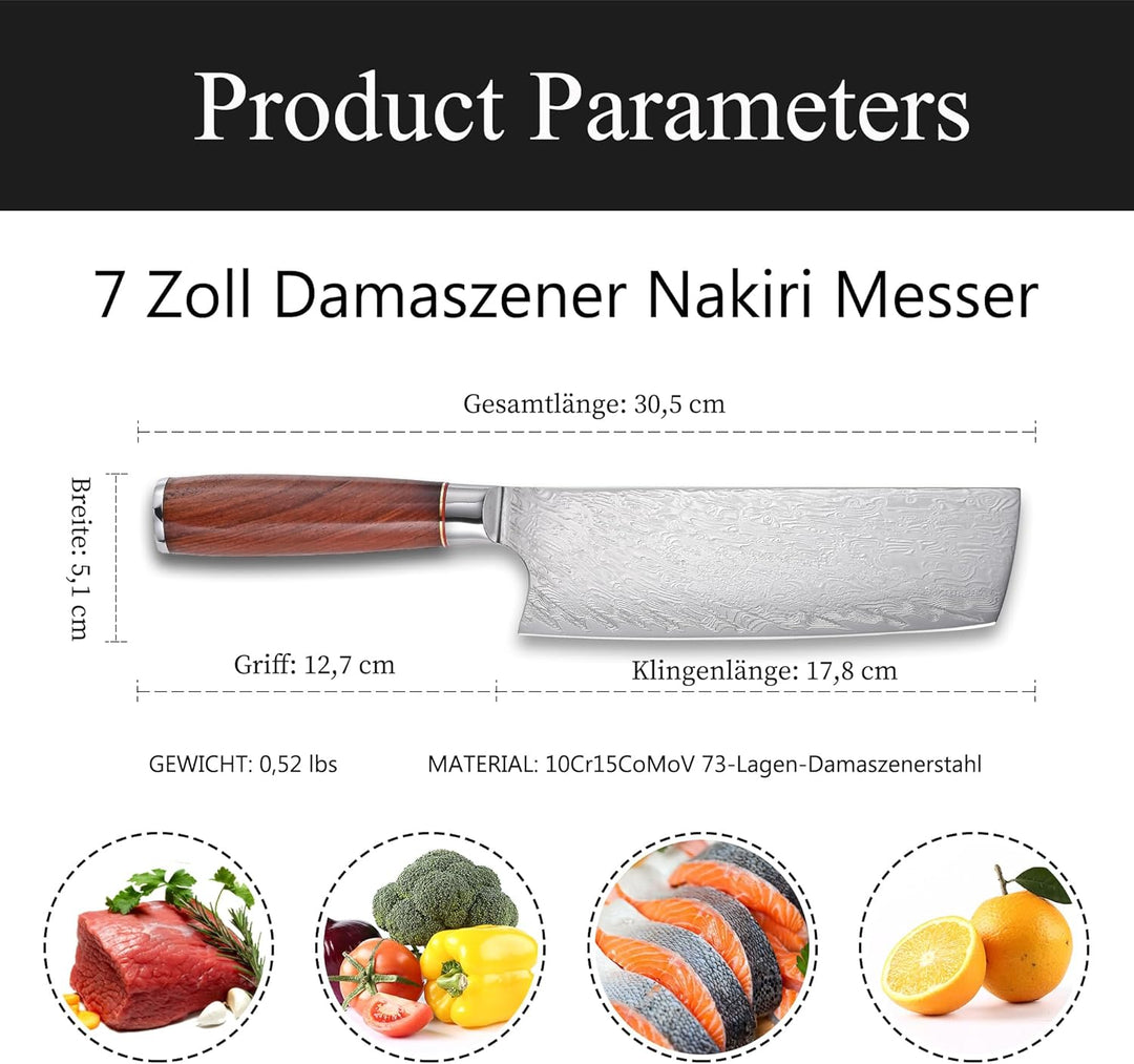 Kitory Kochmesser Nakiri Messer Damaststahl 73 Lagen Küchenmesser Damastmesser 18 cm Klinge Aus 10Cr