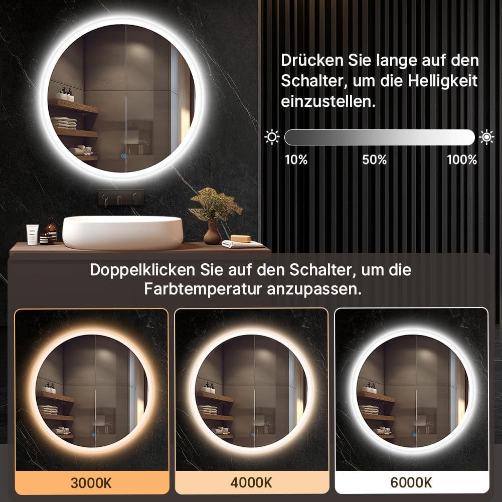 60cm Runder Badspiegel mit Beleuchtung, 3D Edge Lighting, 3 Farbtemperaturen, Dimmbar, Badezimmerspi