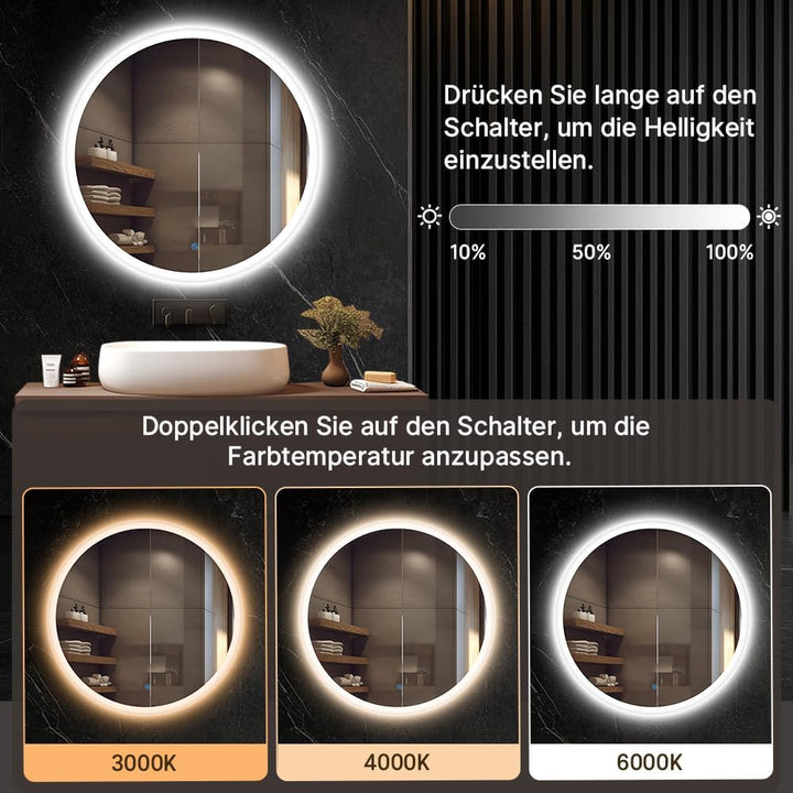 60cm Runder Badspiegel mit Beleuchtung, 3D Edge Lighting, 3 Farbtemperaturen, Dimmbar, Badezimmerspi