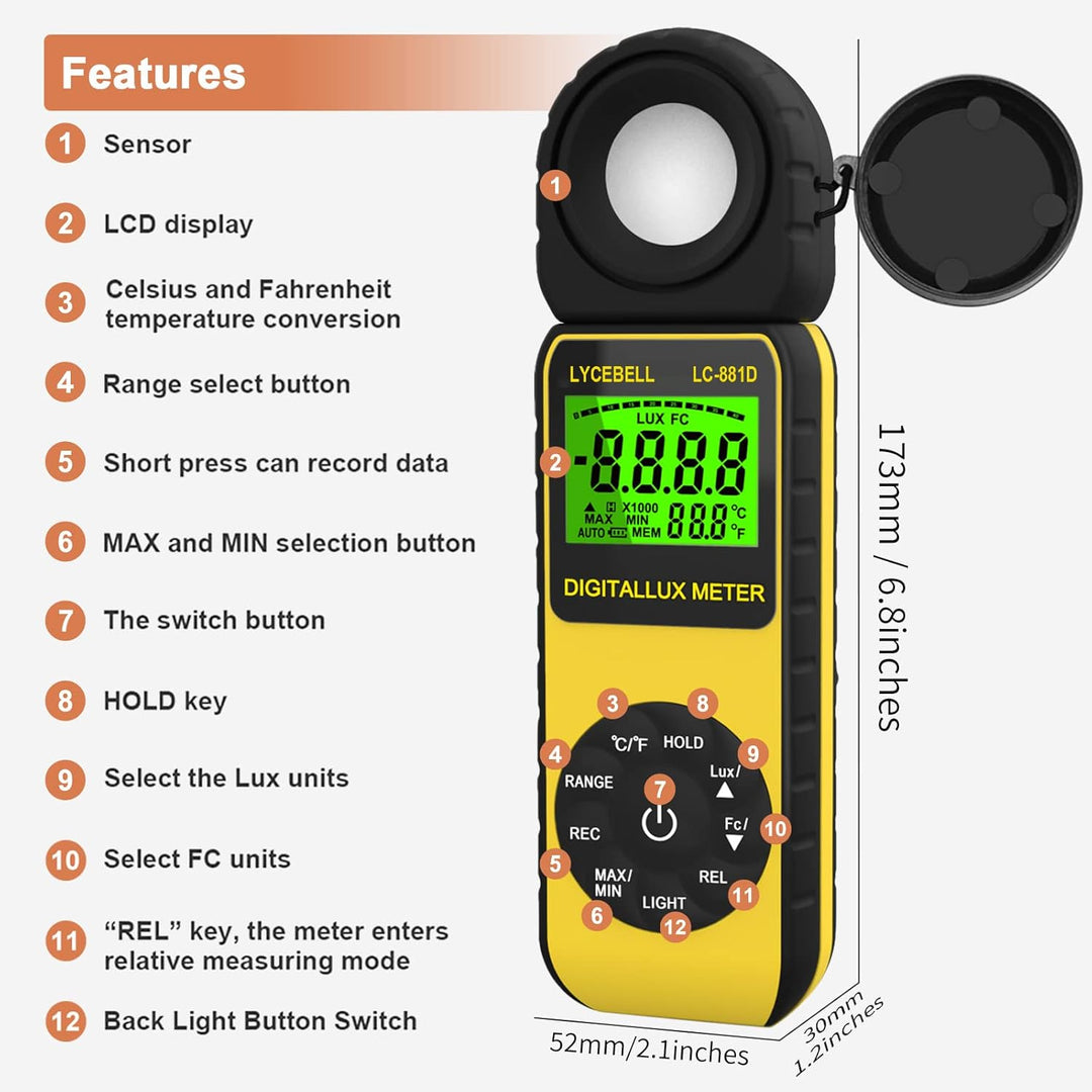 Digital Luxmeter, LC-881D Belichtungsmesser 0.1-400,000 Lux mit Daten halten/Max/Min, Lichtmessgerät