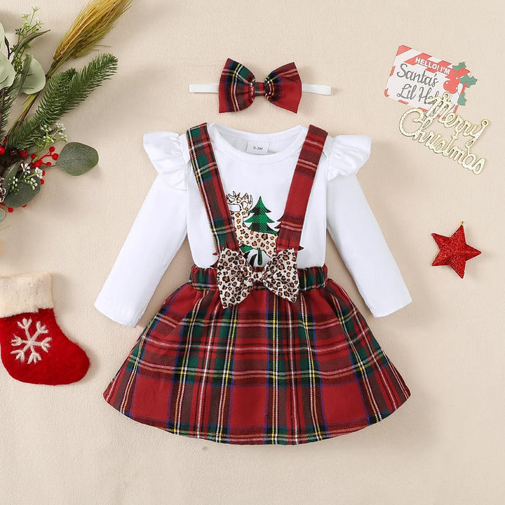 Baby Mädchen Weihnachtskleidung Langarm Strampler Hosenträger Plaid Rock Set Neugeborenen Outfit 0-3