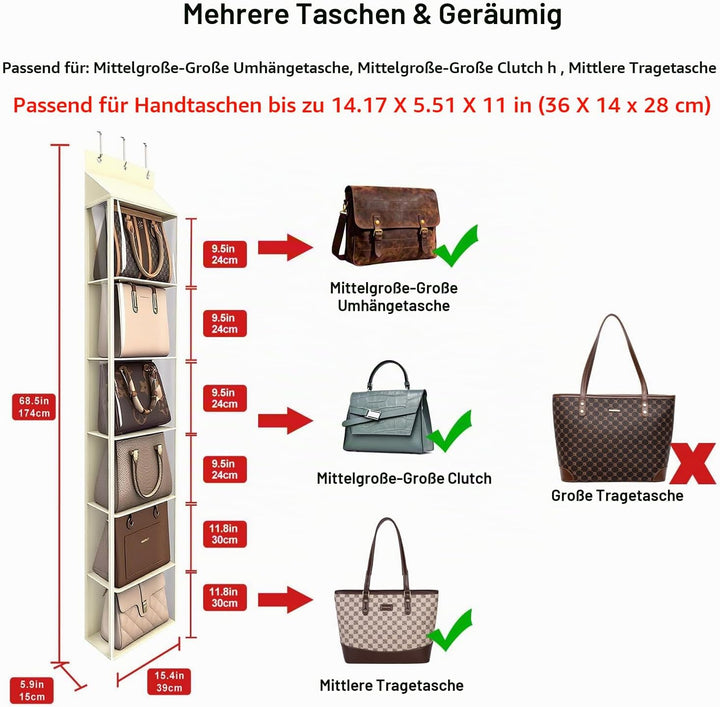 Lirex Geldbörsen-Organizer, 6 Taschen Handtaschen-Organizer mit Reissverschluss zum Aufhängen, für S
